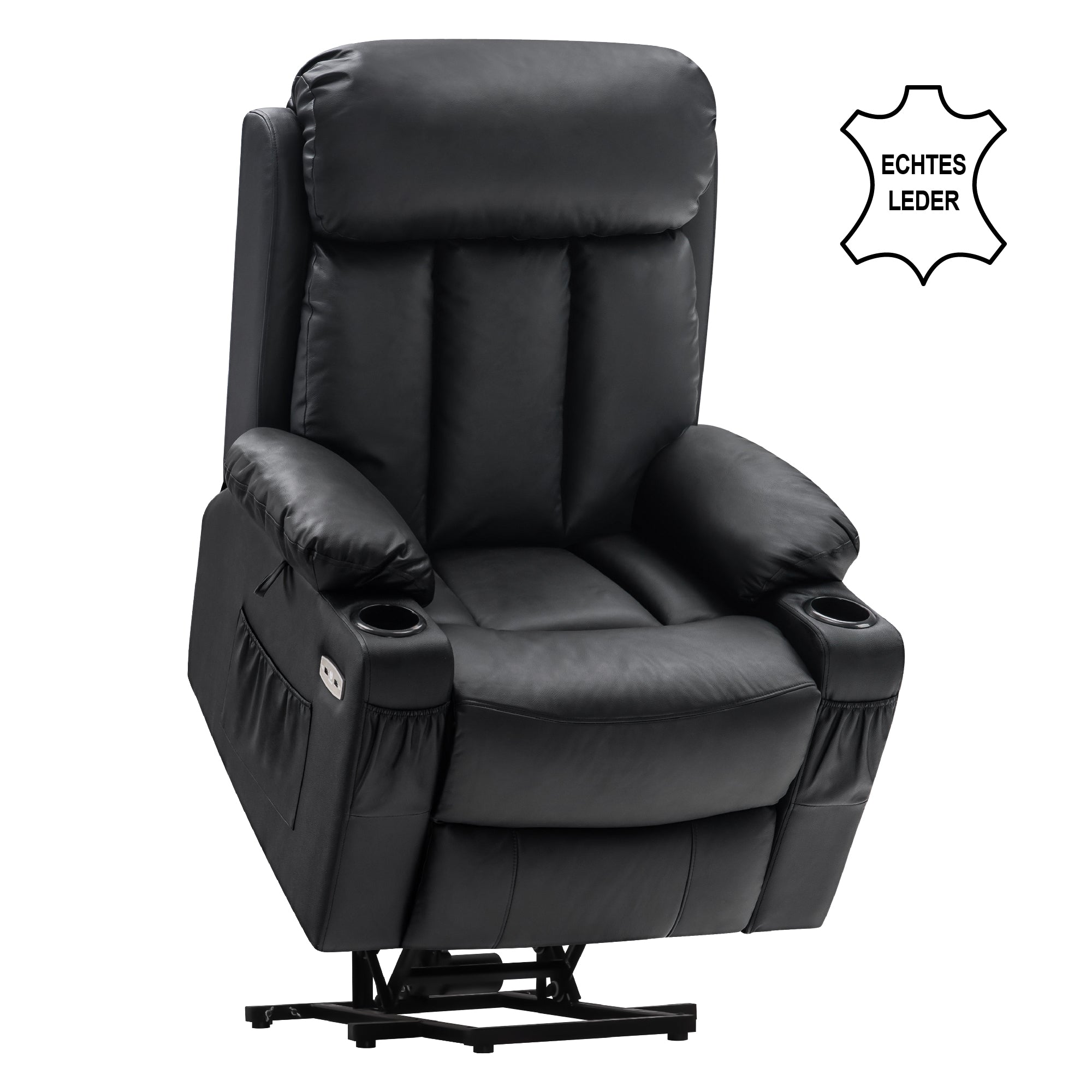 M MCombo Relaxsessel met opstaahulp & ligfunctie 7190, elektrisch verstelbare fauteuil, voor senioren woonkamer, USB, (Zwart-kunstleer / Donkergrijs-stof)