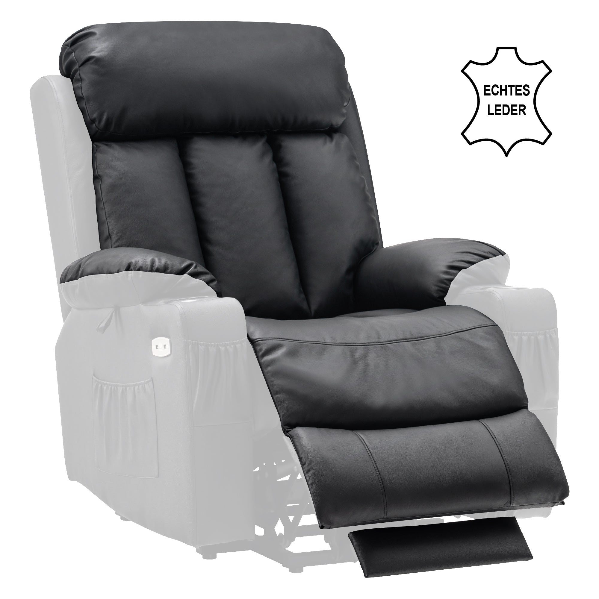 M MCombo Relaxsessel met opstaahulp & ligfunctie 7190, elektrisch verstelbare fauteuil, voor senioren woonkamer, USB, (Zwart-kunstleer / Donkergrijs-stof)