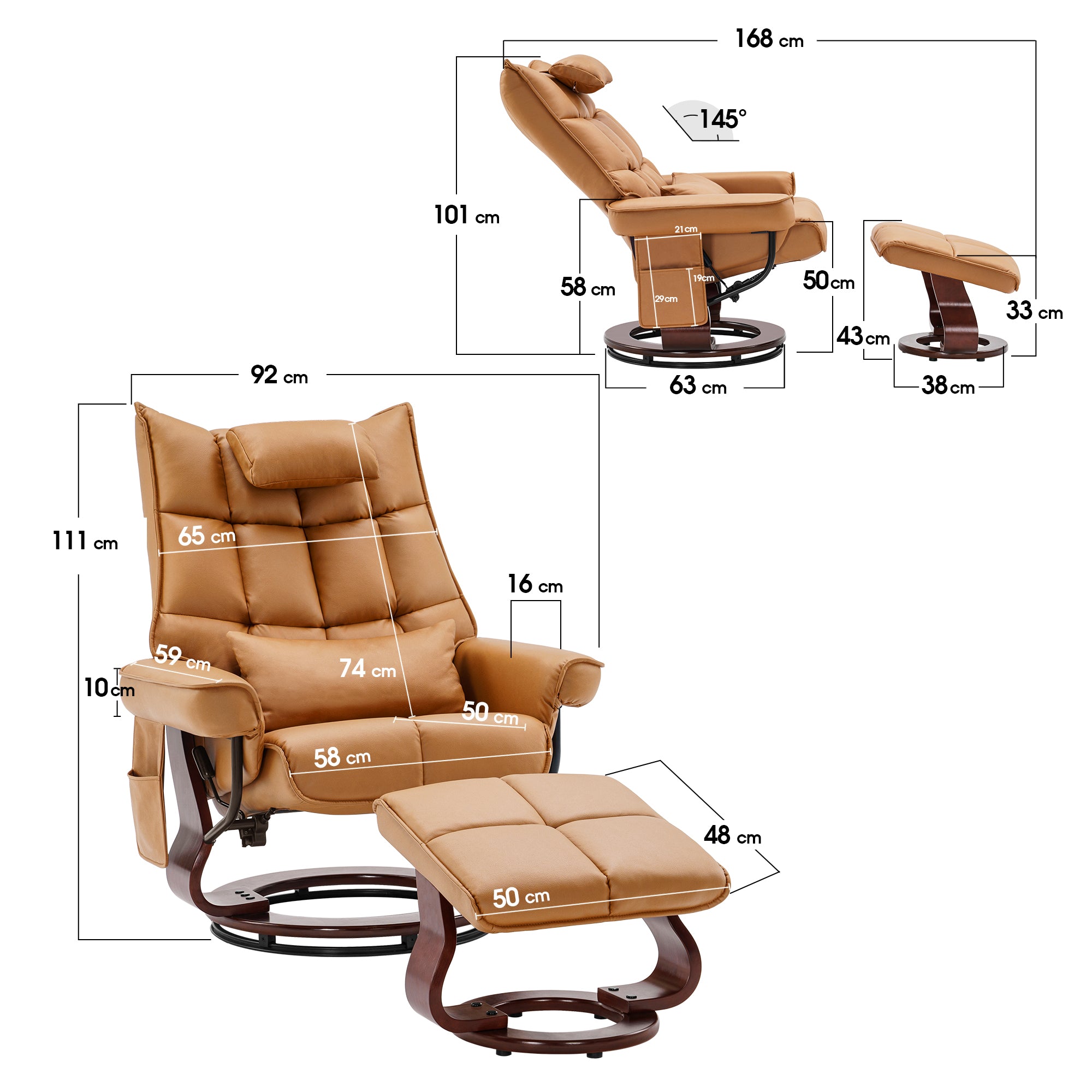 Fauteuil relax MCombo avec repose-pieds 9076, pivotant et inclinable, fauteuil TV moderne pour salon, avec coussin et poche latérale, microfibre/tissu, 140 x 92 x 111 cm