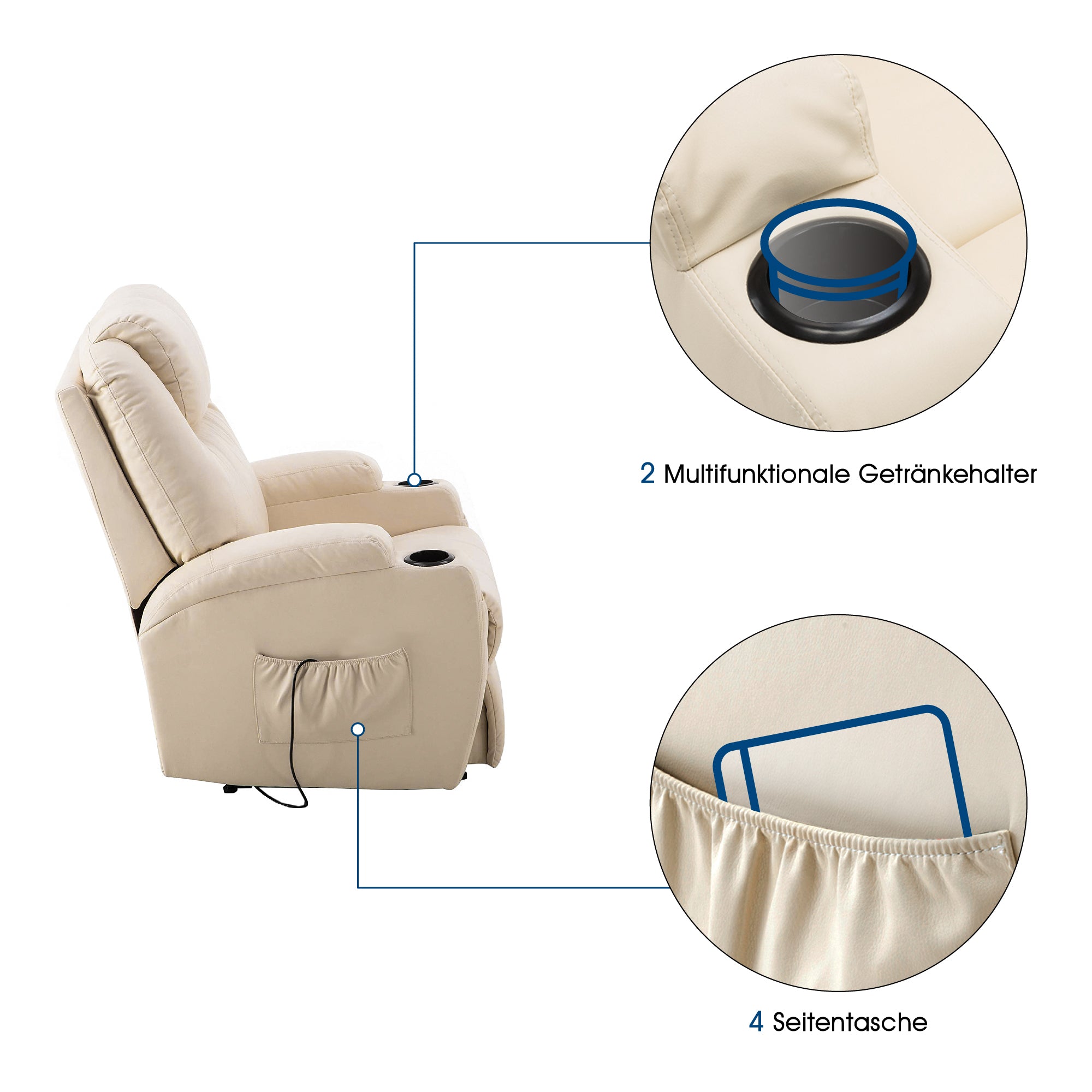 MCombo Poltrona relax elettrica, poltrona massaggiante, poltrona TV, funzione reclinabile, vibrazione, riscaldamento 7061