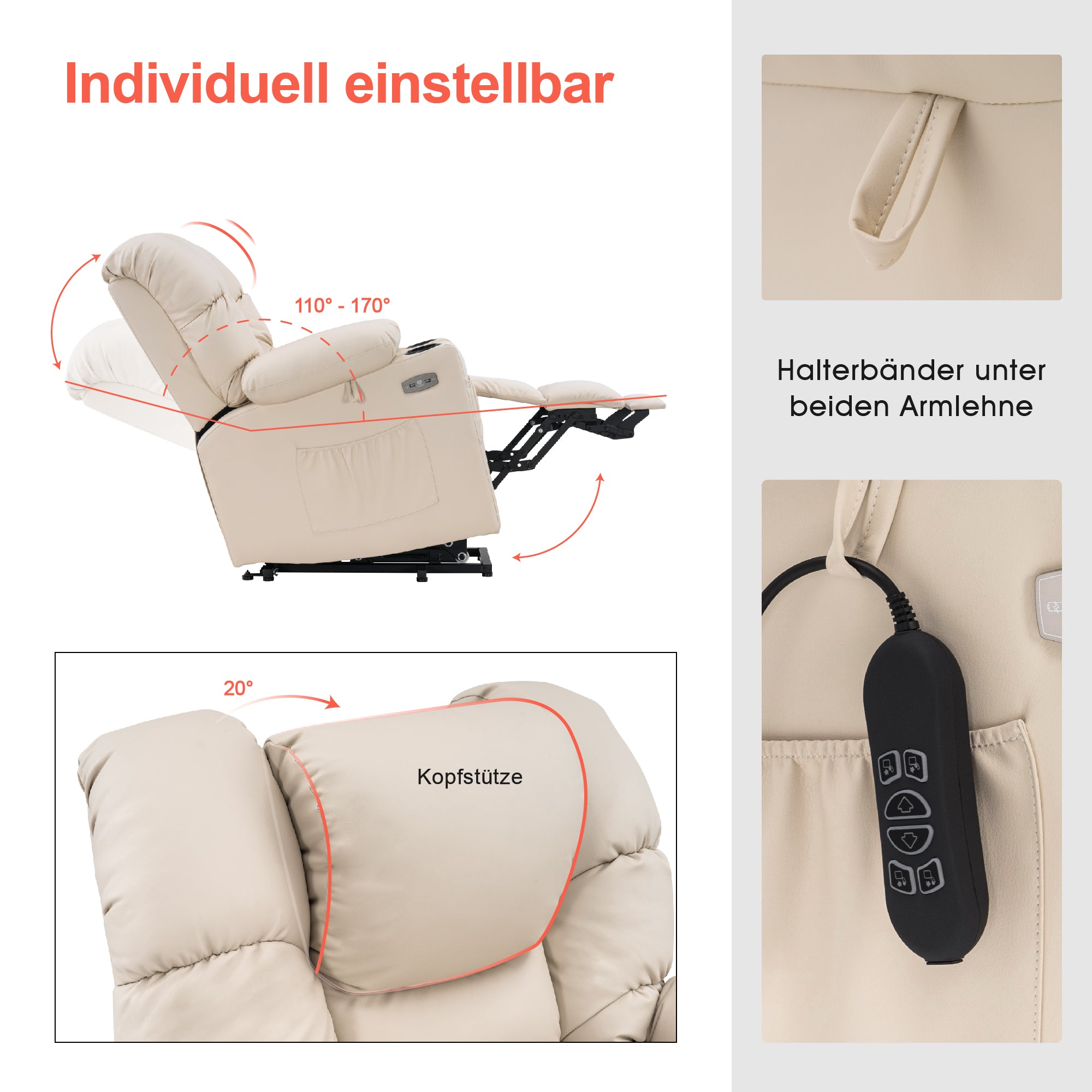 MCombo Poltrona relax elettrica con funzione di sollevamento 7550, dotata di 3 motori a regolazione indipendente, inclinazione fino a 170°, poggiapiedi esteso e porta USB; ideale per il soggiorno di anziani.