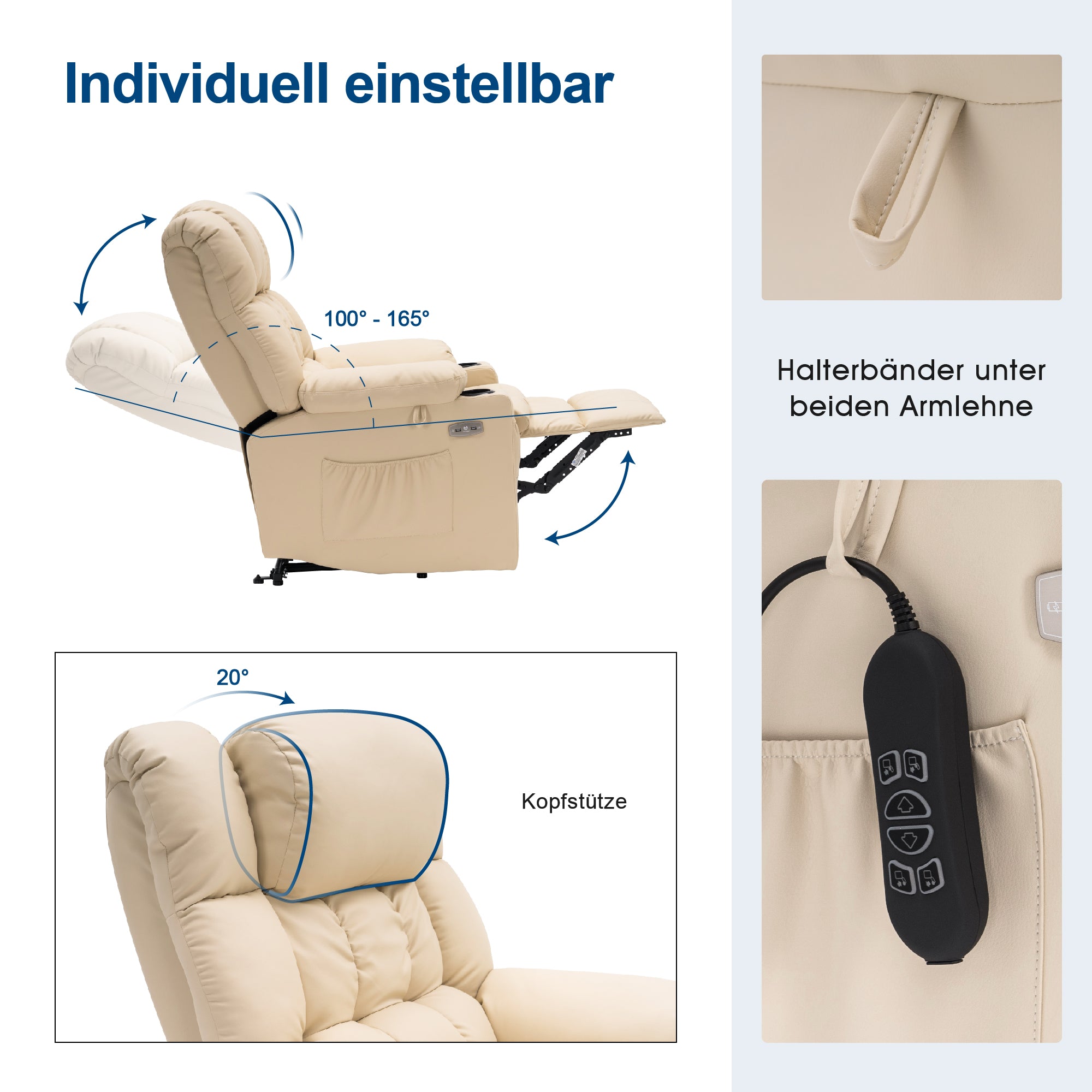 MCombo Poltrona relax elettrica a 3 motori con sistema di sollevamento assistito; schienale, poggiatesta e poggiapiedi regolabili in modo indipendente; inclinazione fino a 165°; cuscino della seduta in schiuma ad alta densità 35D (Modello 7546)
