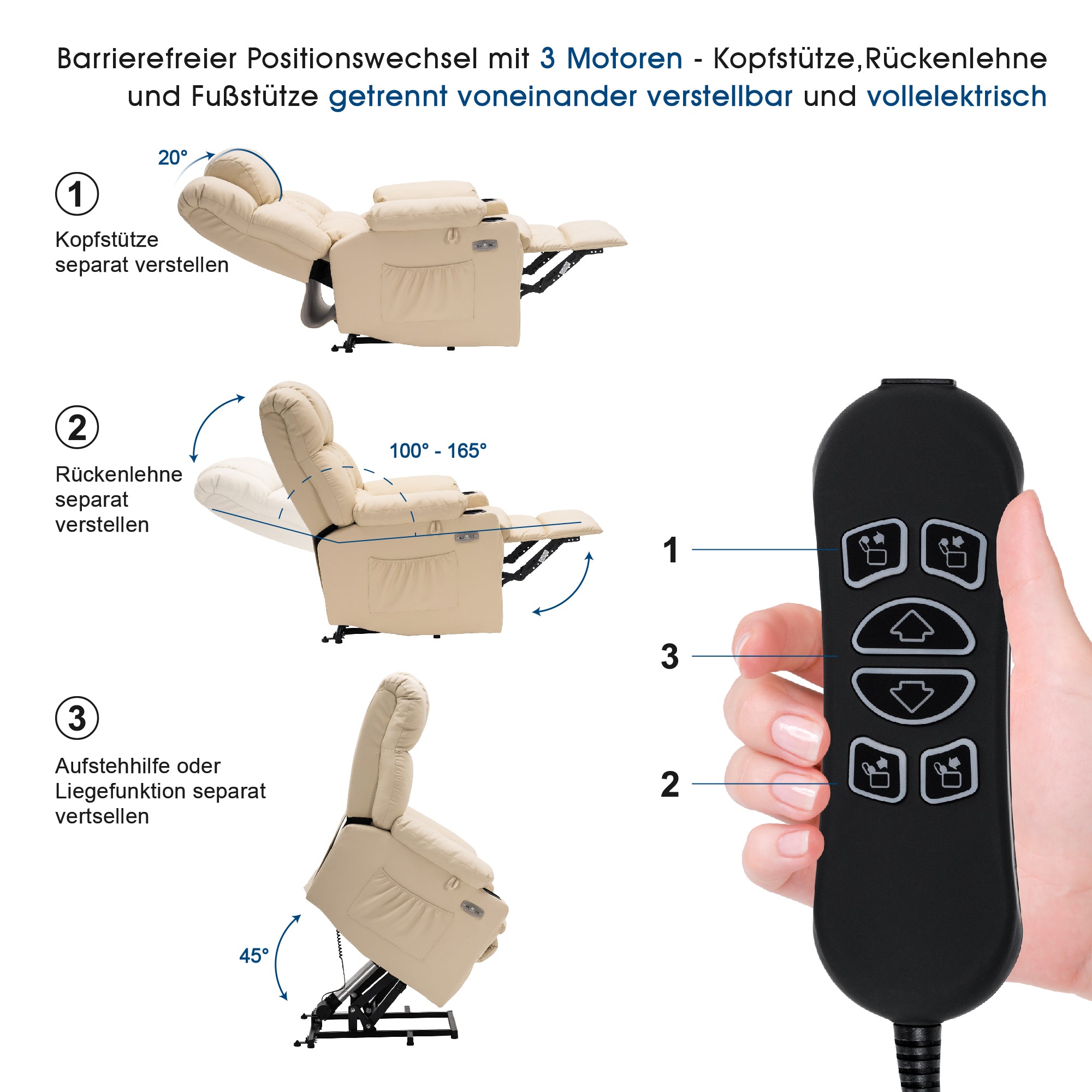 MCombo Poltrona relax elettrica a 3 motori con sistema di sollevamento assistito; schienale, poggiatesta e poggiapiedi regolabili in modo indipendente; inclinazione fino a 165°; cuscino della seduta in schiuma ad alta densità 35D (Modello 7546)