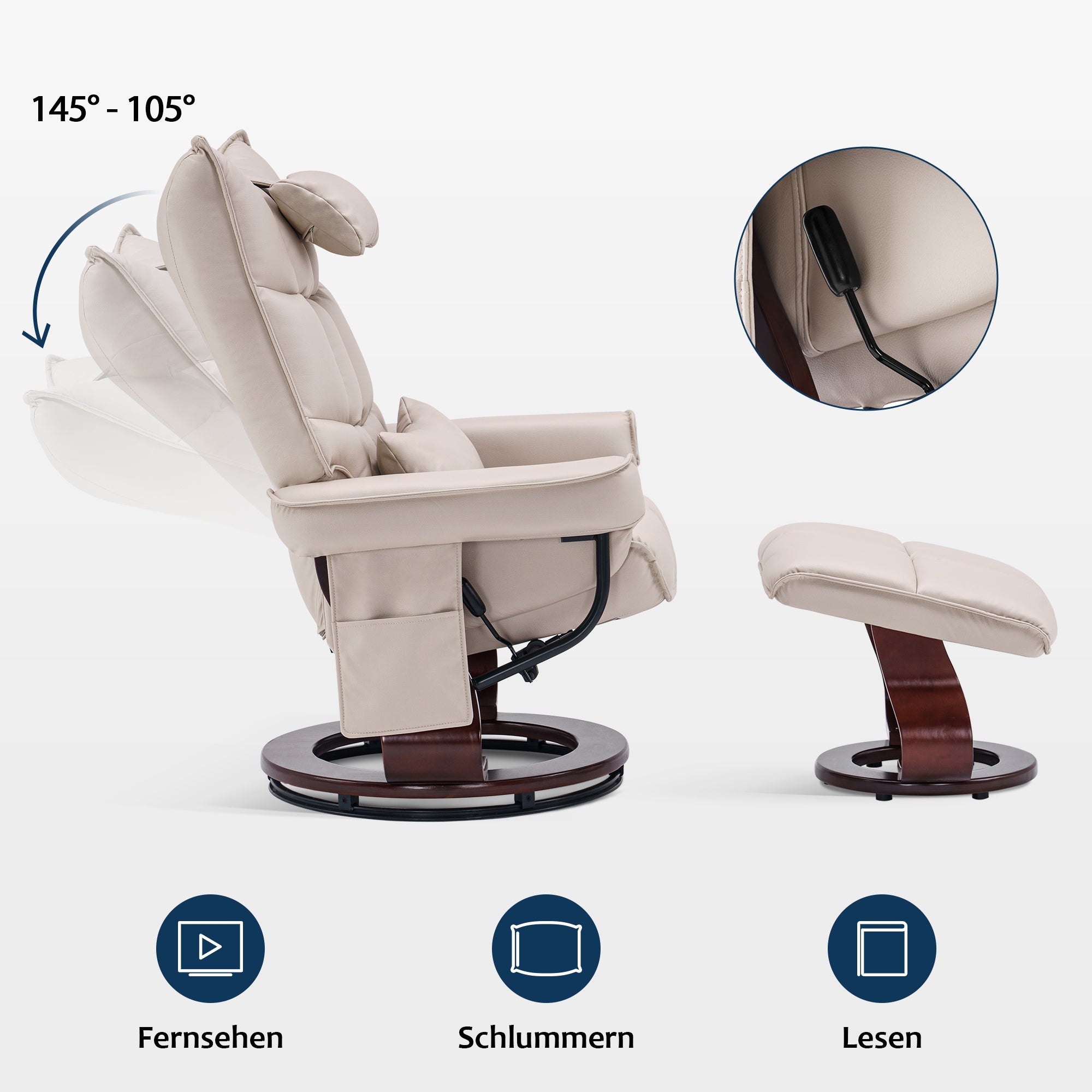 Fauteuil relax MCombo avec repose-pieds 9076, pivotant et inclinable, fauteuil TV moderne pour salon, avec coussin et poche latérale, microfibre/tissu, 140 x 92 x 111 cm