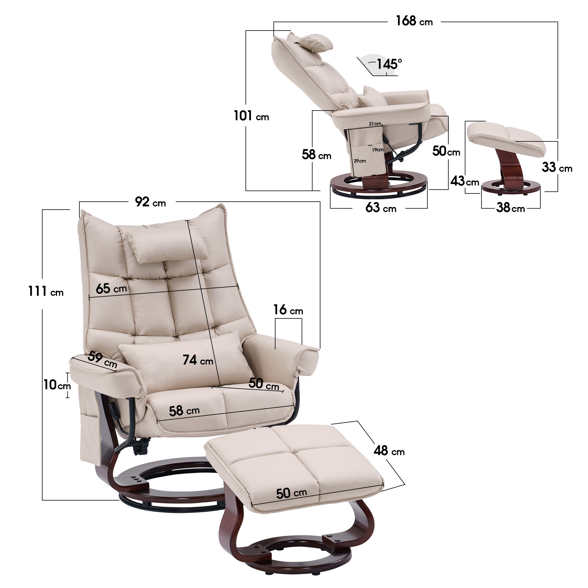 Fauteuil relax MCombo avec repose-pieds 9076, pivotant et inclinable, fauteuil TV moderne pour salon, avec coussin et poche latérale, microfibre/tissu, 140 x 92 x 111 cm