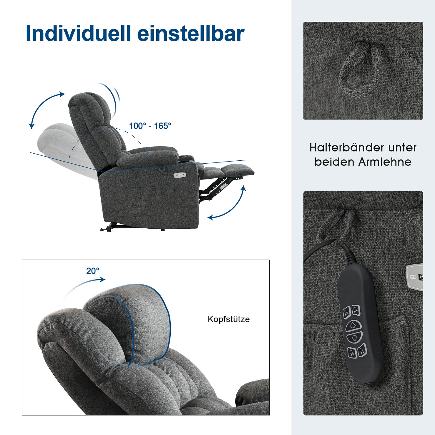MCombo Poltrona relax elettrica a 3 motori con sistema di sollevamento assistito; schienale, poggiatesta e poggiapiedi regolabili in modo indipendente; inclinazione fino a 165°; cuscino della seduta in schiuma ad alta densità 35D (Modello 7546)