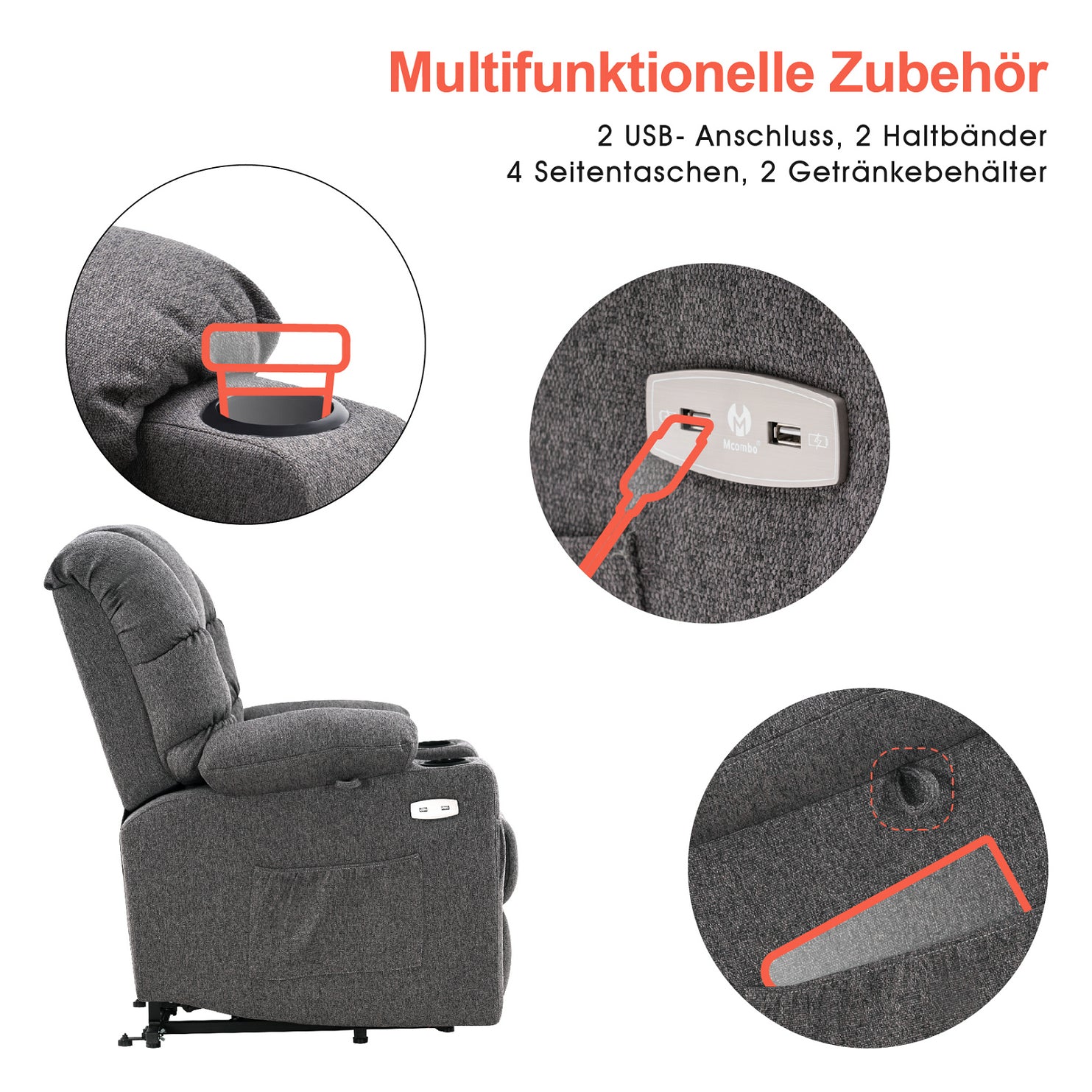 MCombo Poltrona relax elettrica con funzione di sollevamento 7550, dotata di 3 motori a regolazione indipendente, inclinazione fino a 170°, poggiapiedi esteso e porta USB; ideale per il soggiorno di anziani.