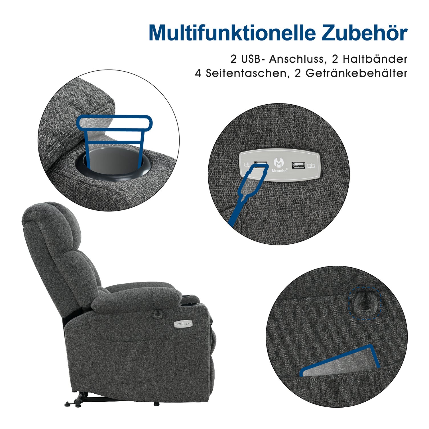 MCombo Poltrona relax elettrica a 3 motori con sistema di sollevamento assistito; schienale, poggiatesta e poggiapiedi regolabili in modo indipendente; inclinazione fino a 165°; cuscino della seduta in schiuma ad alta densità 35D (Modello 7546)