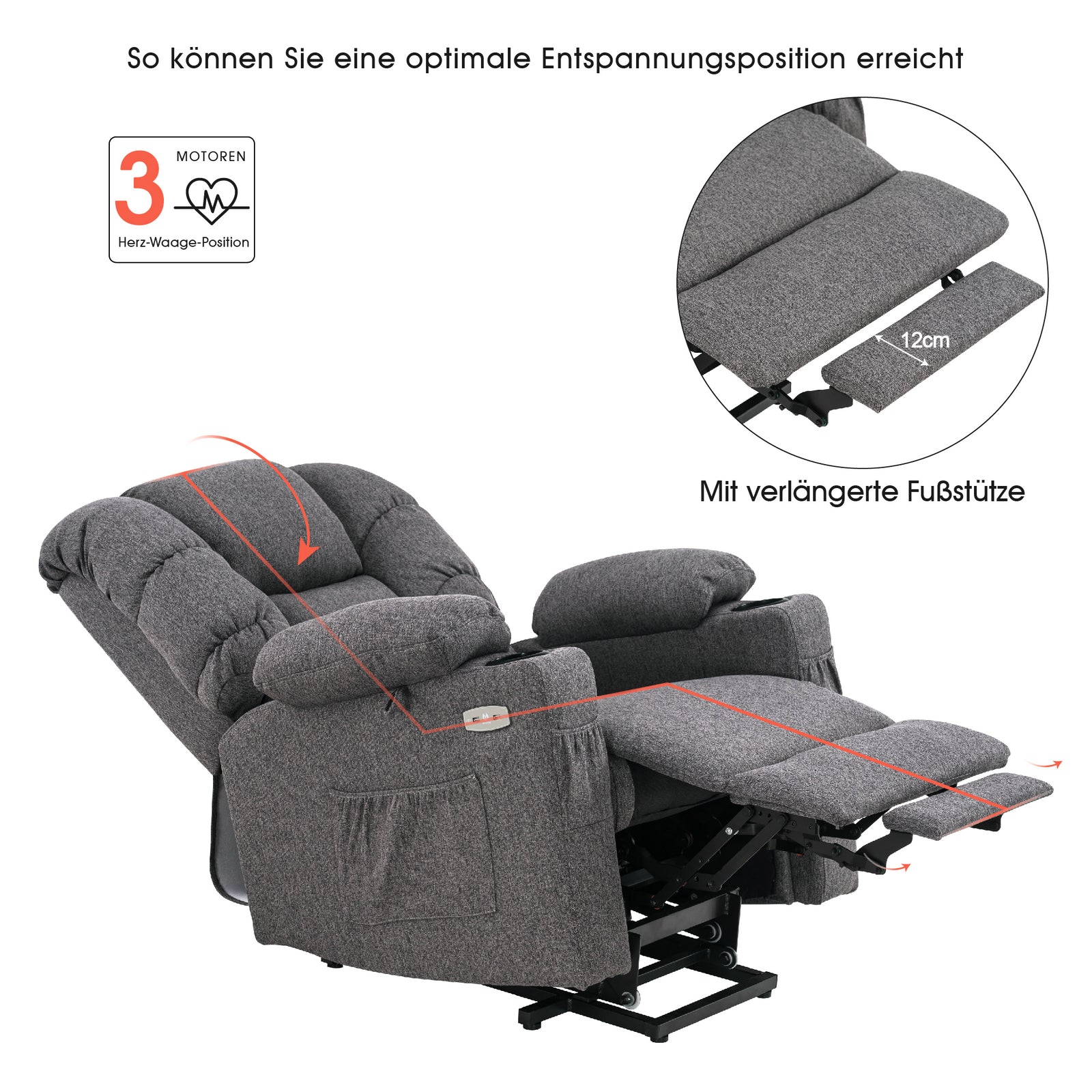 MCombo Poltrona relax elettrica con funzione di sollevamento 7550, dotata di 3 motori a regolazione indipendente, inclinazione fino a 170°, poggiapiedi esteso e porta USB; ideale per il soggiorno di anziani.