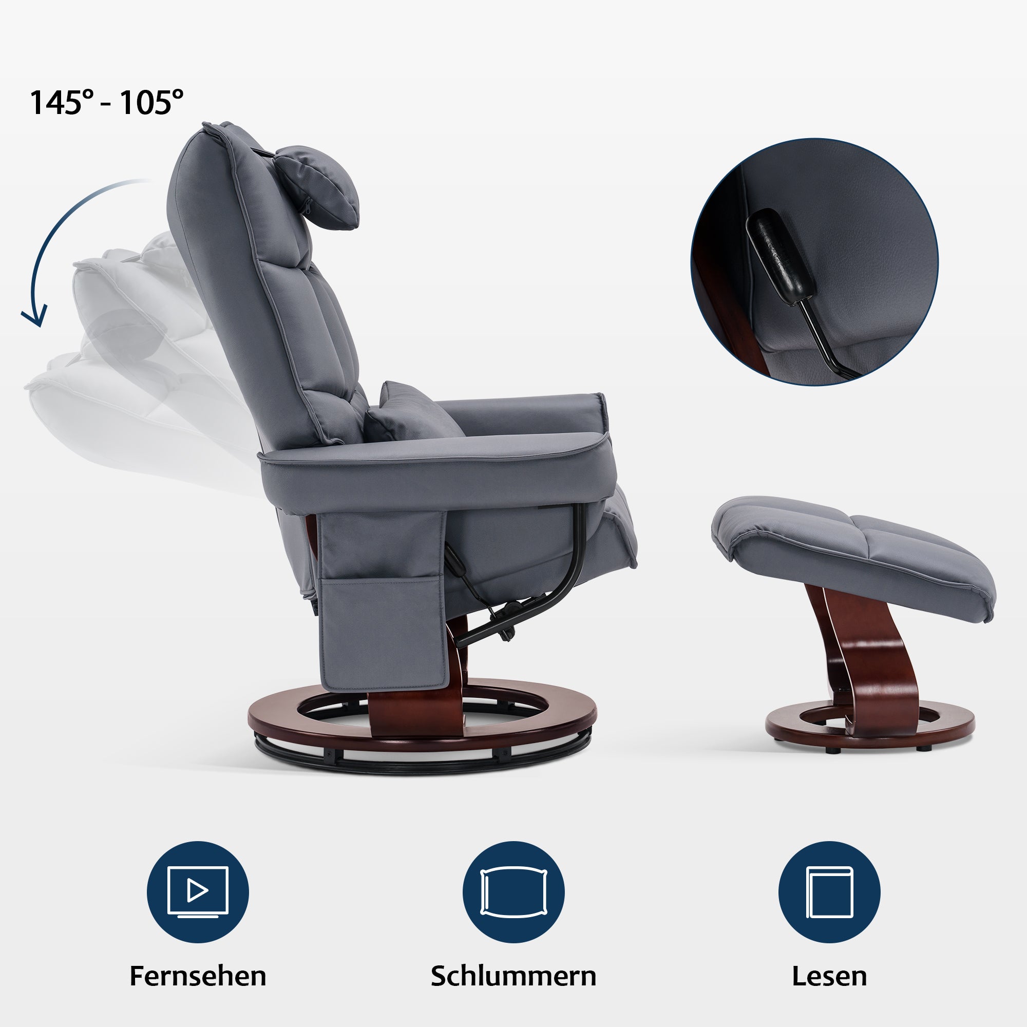 MCombo Relaxfauteuil met Hocker 9076, Draaiende fauteuil met ligfunctie, Moderne TV-fauteuil voor de woonkamer, met kussen en zijzak, Microvezel/Stof, 140 x 92 x 111 cm