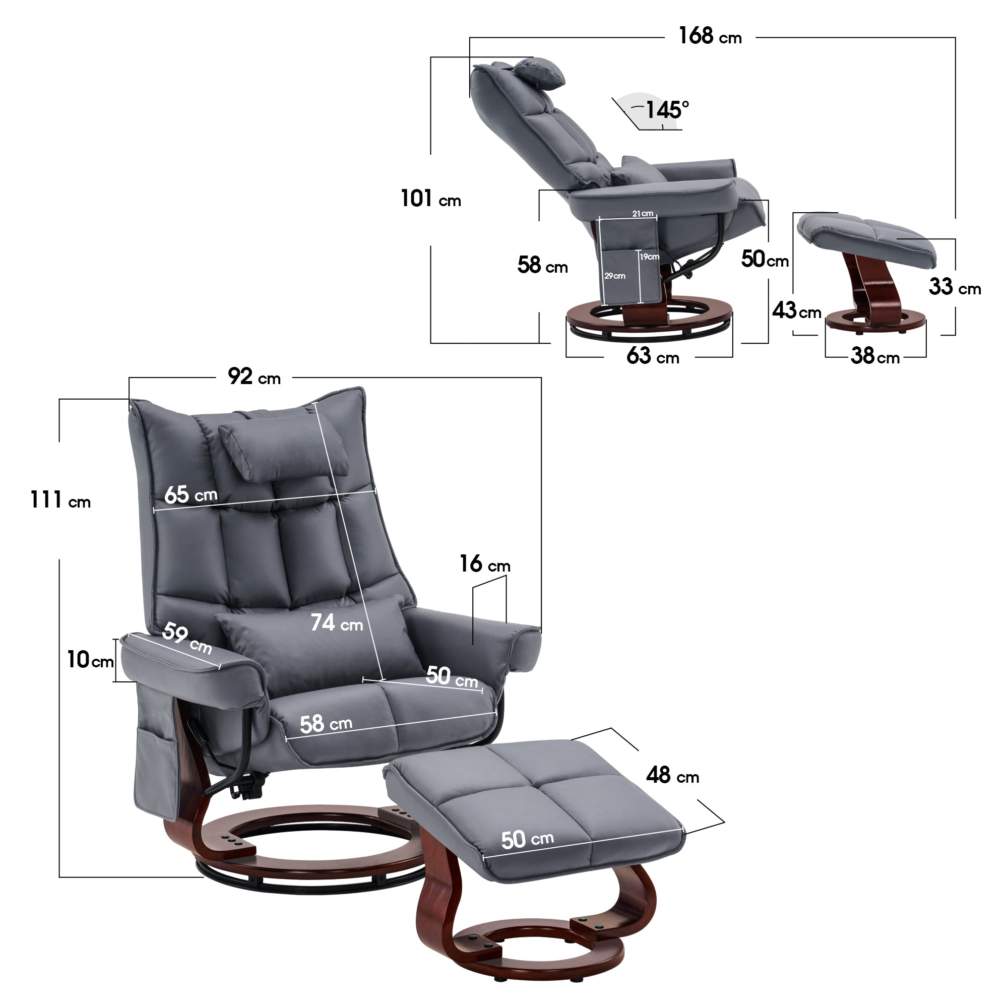 MCombo Relaxfauteuil met Hocker 9076, Draaiende fauteuil met ligfunctie, Moderne TV-fauteuil voor de woonkamer, met kussen en zijzak, Microvezel/Stof, 140 x 92 x 111 cm