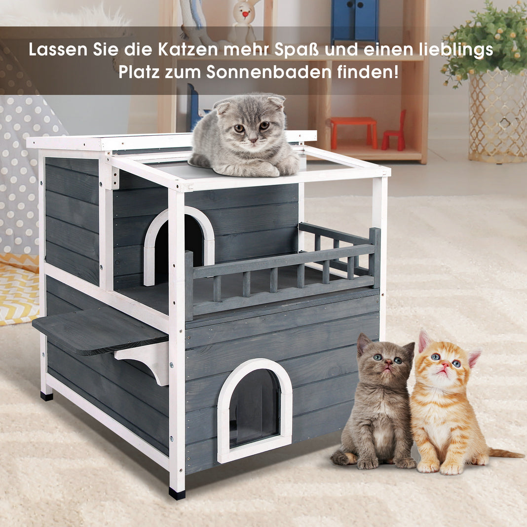 Lovupet kattenhuis kattenvilla kattenhut 2 verdiepingen met terrasdak 0509EY